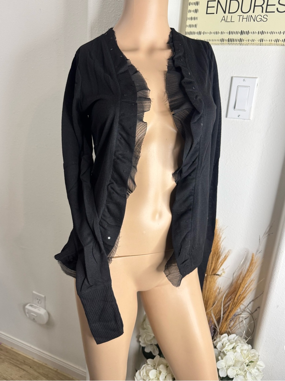 Poof Excellence Black Ruffle-Trim Cardigan Sweater